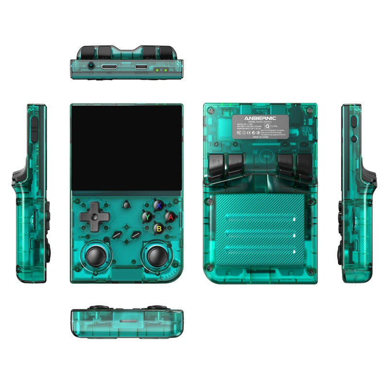 The RG35XX Pro's front, back, and side profiles in transparent teal, showing the P1/P2, L1/L2 shoulder buttons and dual TF card slots
