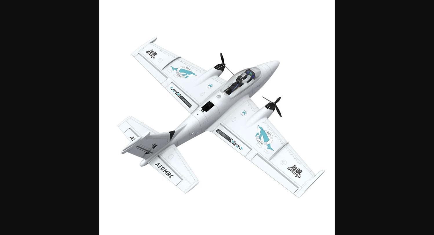The AtomRC Beluga top-down view — 1270mm EPP twin-motor fixed wing with ATOMRC and Beluga branding, showing the cockpit-style fuselage, mid-wing twin propeller layout, and teal whale graphic livery.