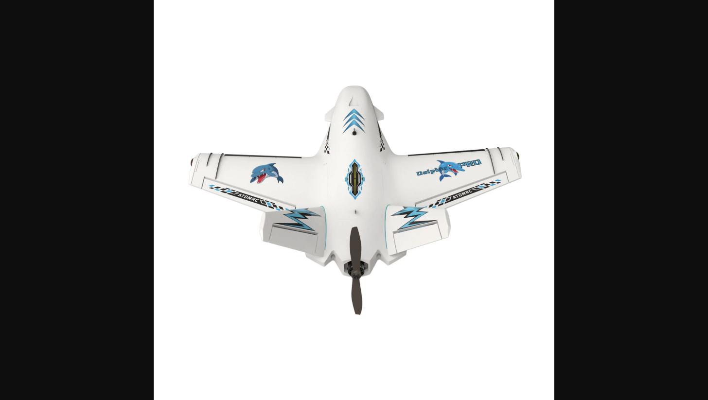 The AtomRC Dolphin Pro top-down view — 800mm EPP fixed-wing aircraft with ATOMRC and Dolphin PRO branding, showing the clean swept-wing design optimized for digital FPV integration.