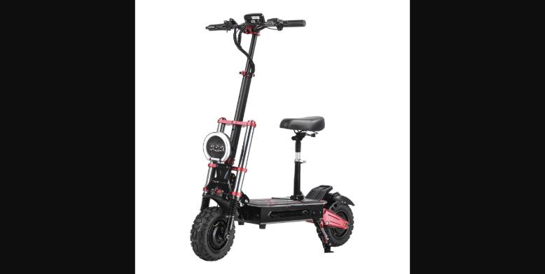 The Boyueda S5-11 Mountain E-Scooter with optional seat — showing the 11-inch off-road pneumatic tires, hydraulic suspension, dual motor setup, and the full black-and-red chassis with steering damper.