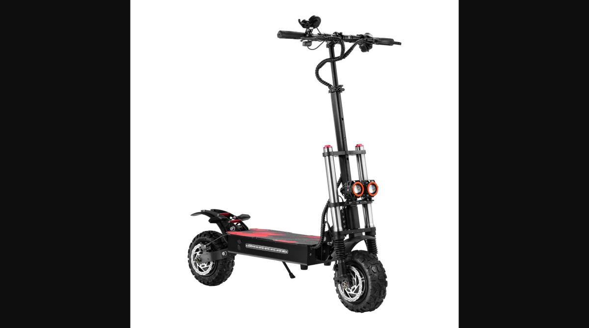 The TRANZEN S3-11 from the side — the dual hydraulic front fork suspension, chunky 11-inch off-road tires, and red-accent camo deck show the aggressive all-terrain build that separates this from city-focused electric scooters.