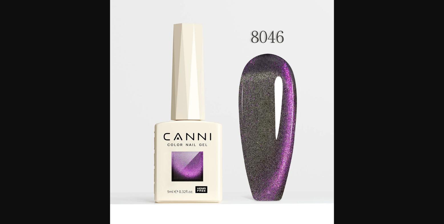 CANNI Cat Eye Gel color 8046 — a deep violet-purple cat eye shade from the Galaxy Sparkle Cat Eye Collection, shown with CANNI 9ml bottle (HEMA FREE formula, 0.32 fl.oz).