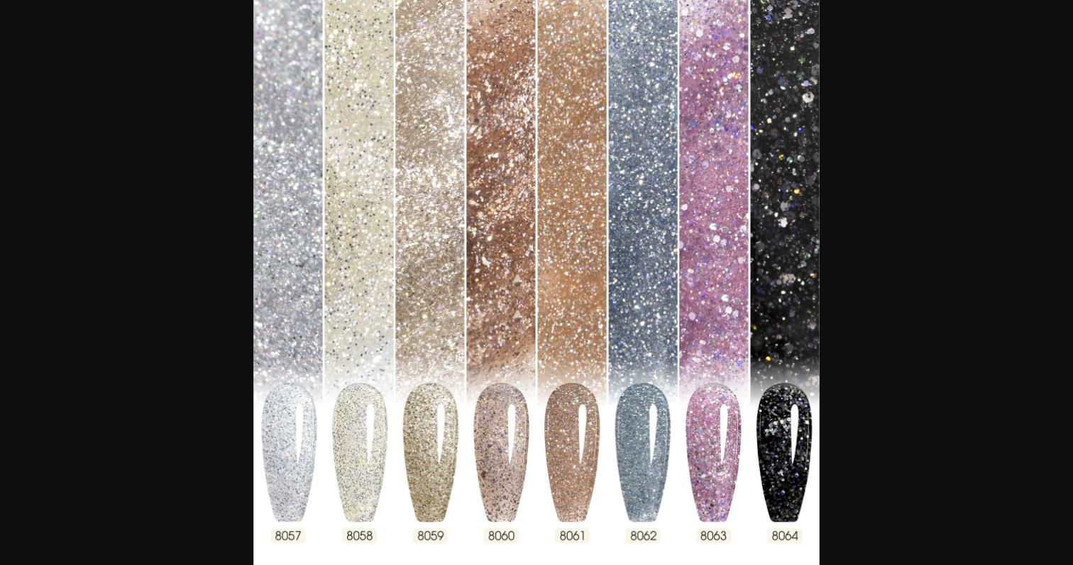 All 8 Diamond Collection shades displayed as gel tips alongside swatch swipes, showing the reflective glitter finish on actual nail forms