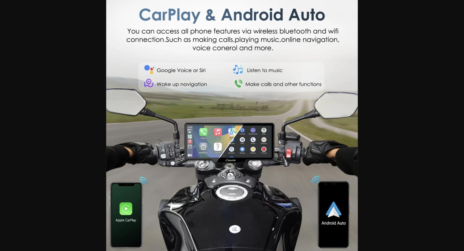The Carpuride W619 mounted on a motorcycle handlebar showing the CarPlay interface with navigation, music, and communication apps — wireless Apple CarPlay and Android Auto in use on the road.