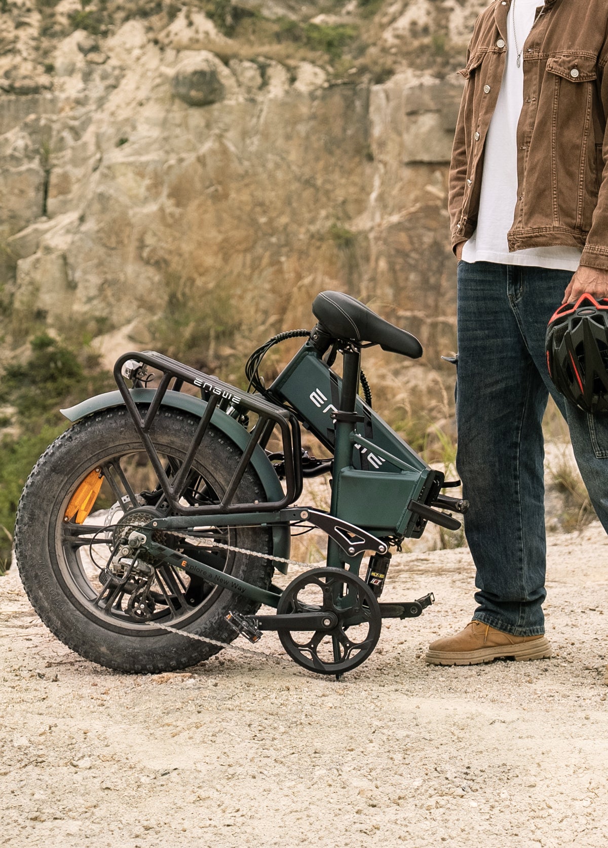 The Engine Pro 2.0 folded down for transport or storage, shown against real terrain rather than a studio backdrop