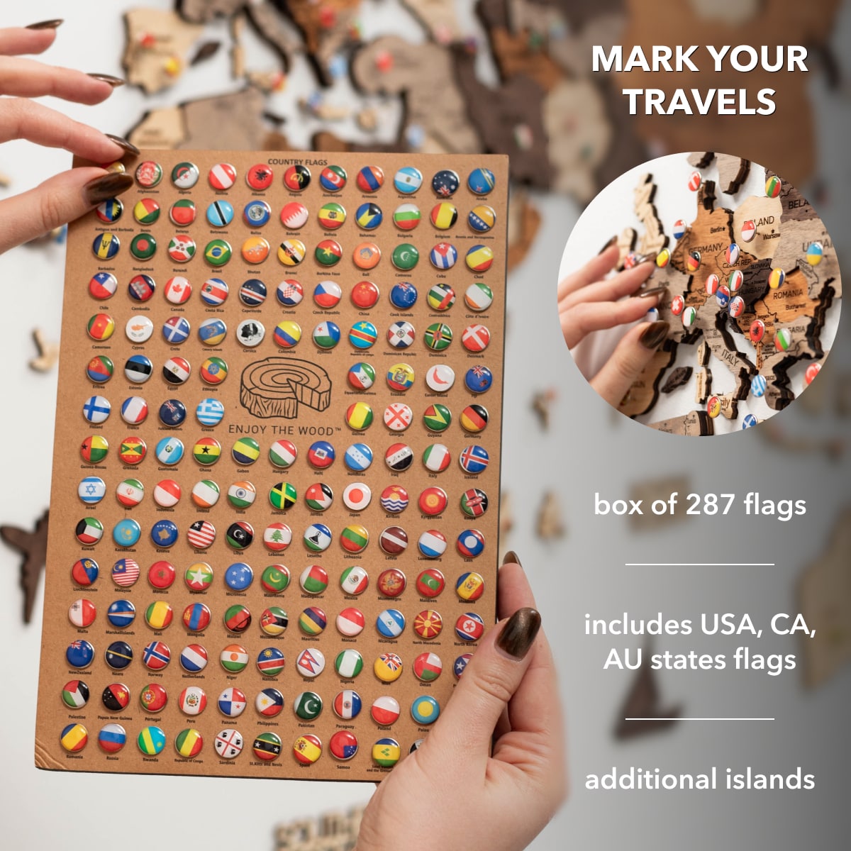 The included flag-pin box — 287 flags covering countries plus US/Canada/Australia states, for marking places you've actually traveled
