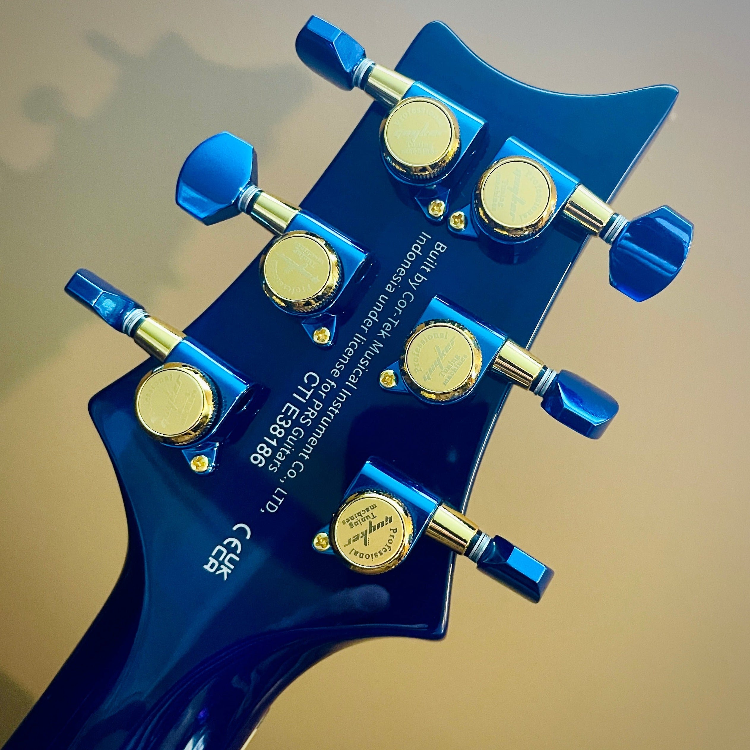The multi-color Dopamine styling on a guitar headstock — sealed zinc alloy housing with iron shafts and brass gears underneath the color-matched buttons