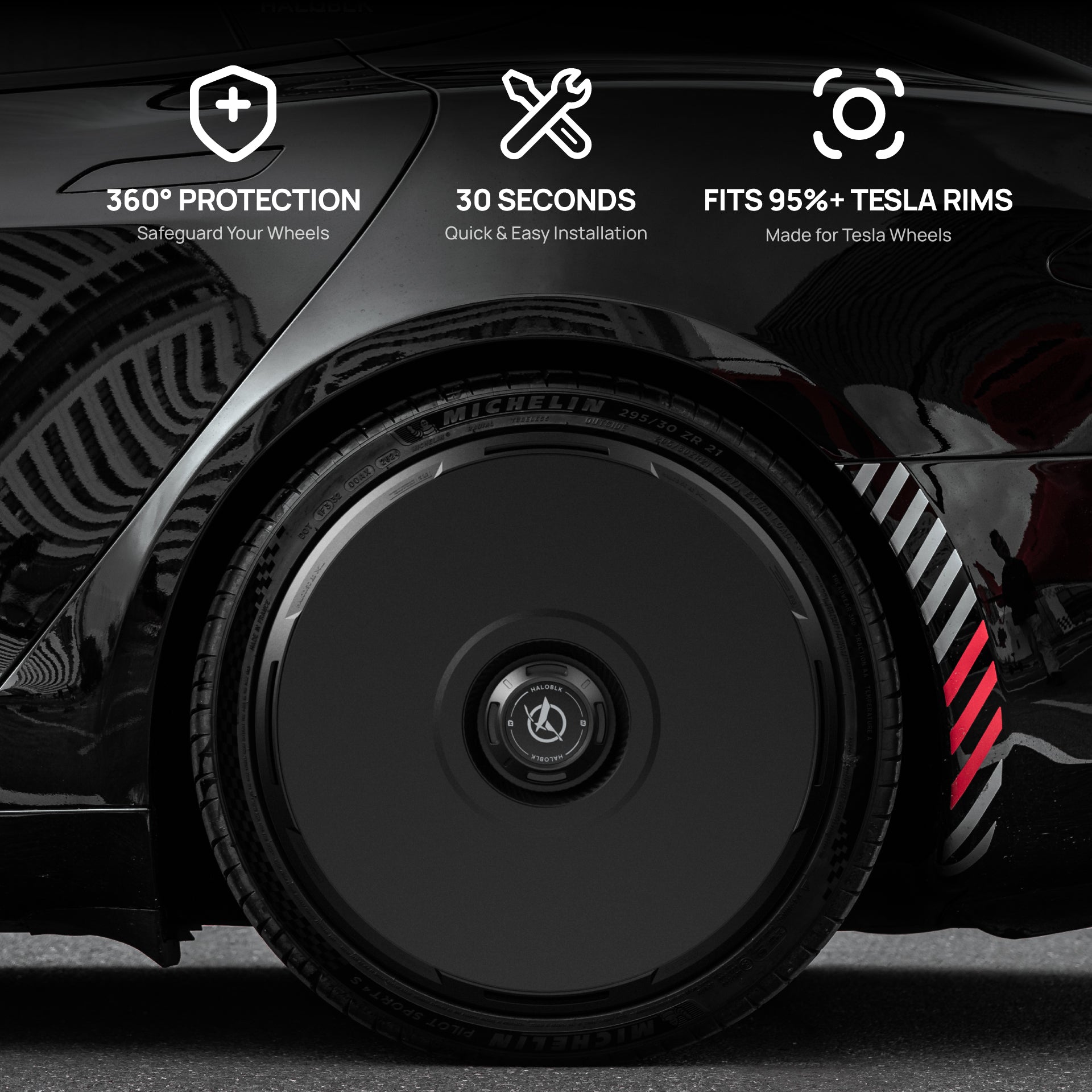 A real close-up of the cover installed on an actual Tesla wheel, Michelin tire branding visible