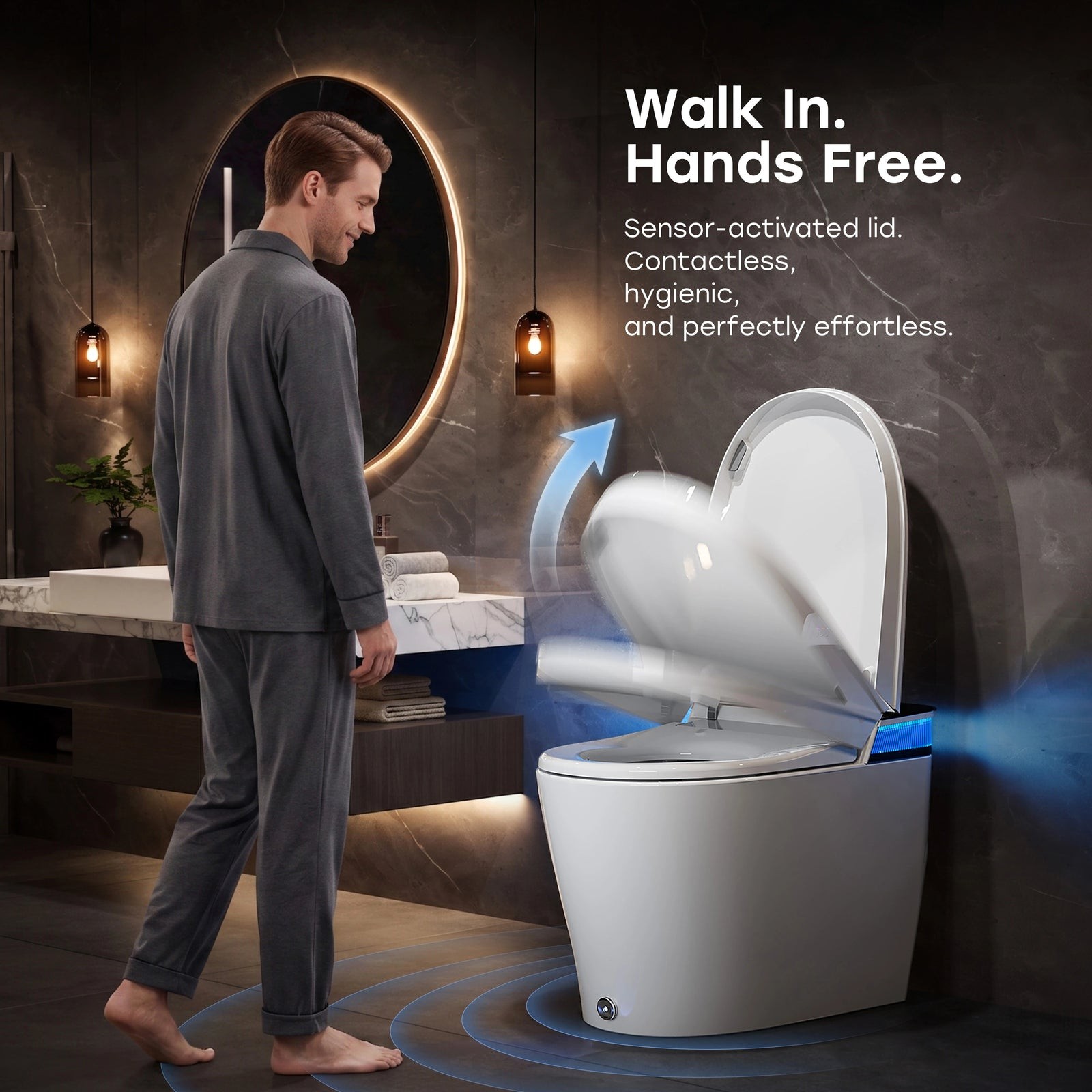 The T38 shown in a full bathroom setting with its sensor-activated auto-open lid mid-motion — a real feature demo, not just a studio cutout