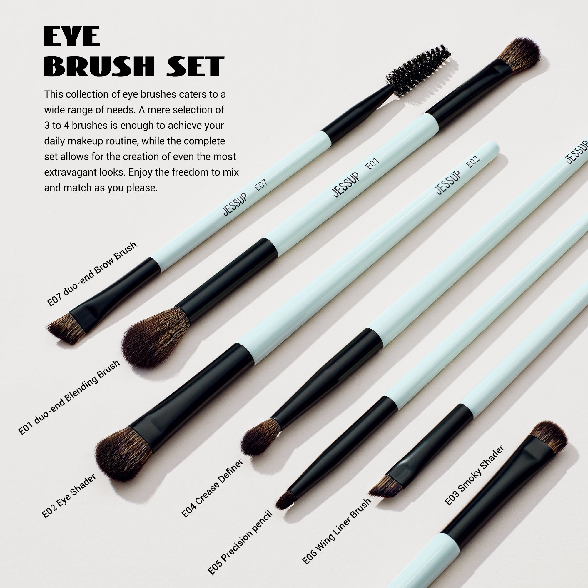 A real flat-lay of the individual eye brushes, labeled by function rather than a generic bundle shot