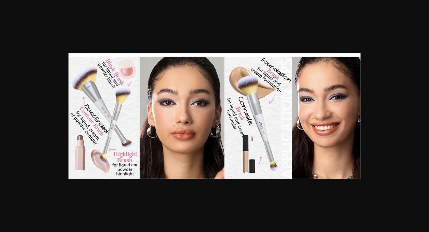 The Jessup T520 dual-ended brushes in use — showing the blush and contour brush on one side and the foundation and concealer brush on the other, each brush handling two makeup functions.