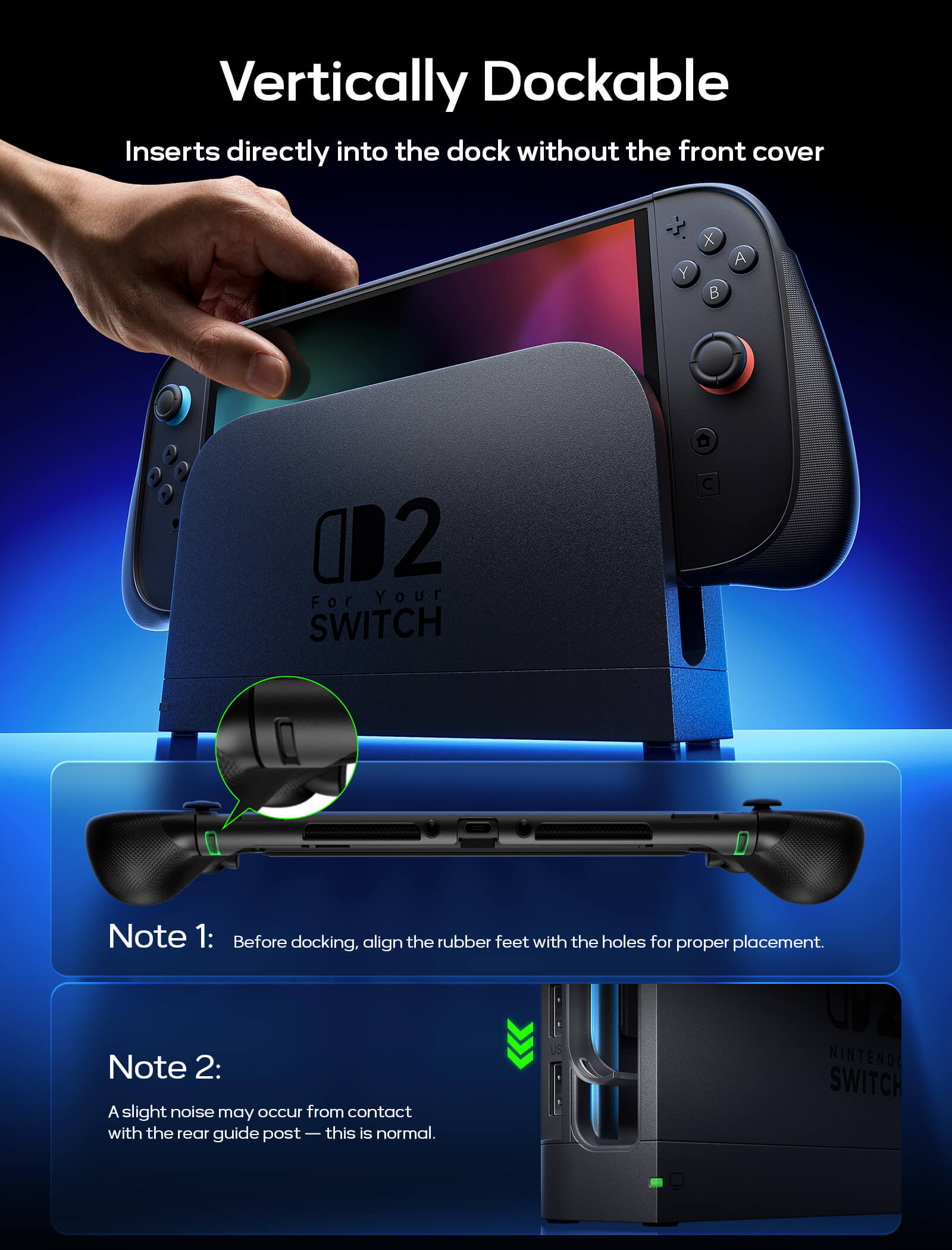 The case shown docking directly into the official Switch 2 dock without removing the front cover