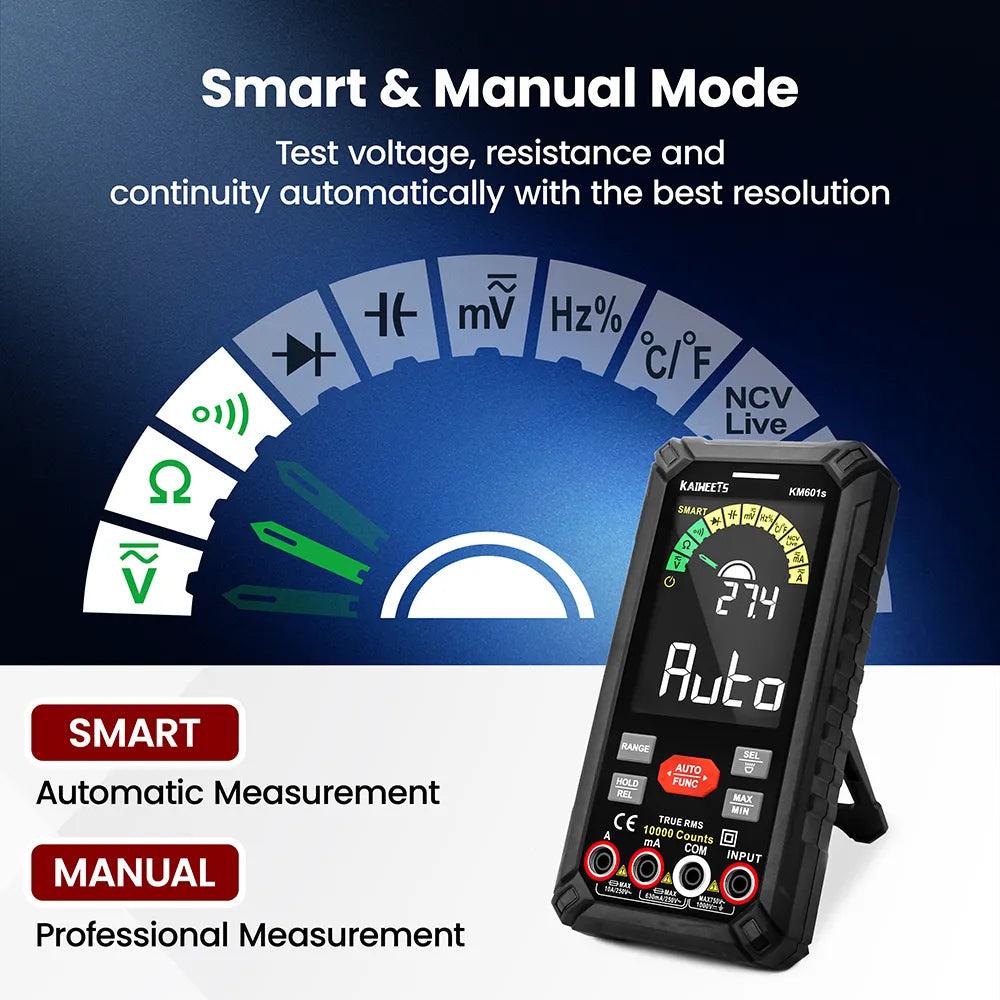 Smart Mode auto-detects voltage, resistance and continuity — no manual dial turning