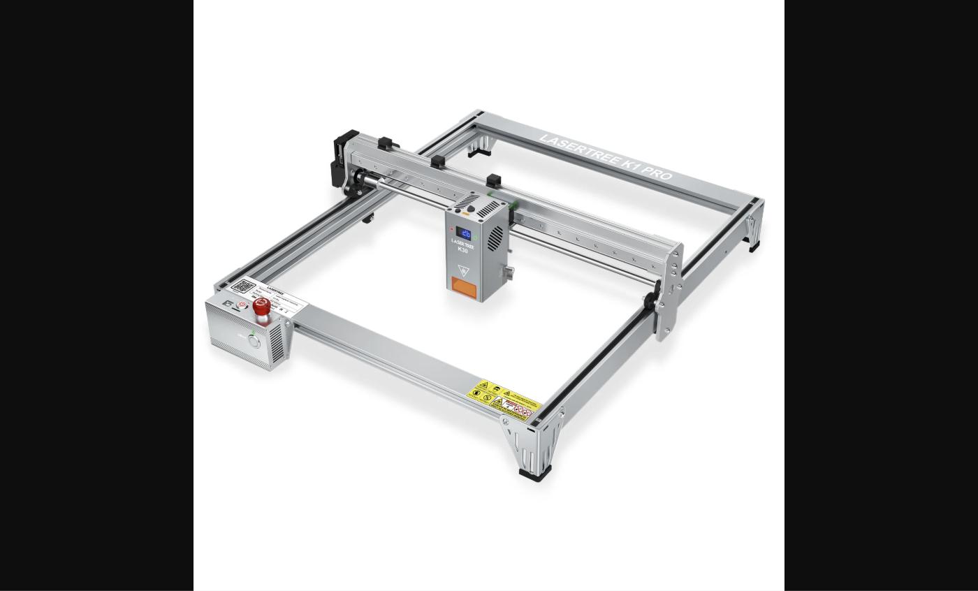 The LaserTree K1 Pro 40W from a side angle — the LT-K40 module, integrated controller with LED display, emergency stop button, and 400×400mm work surface visible. Engineered for heavy cutting tasks beyond 20W capability.