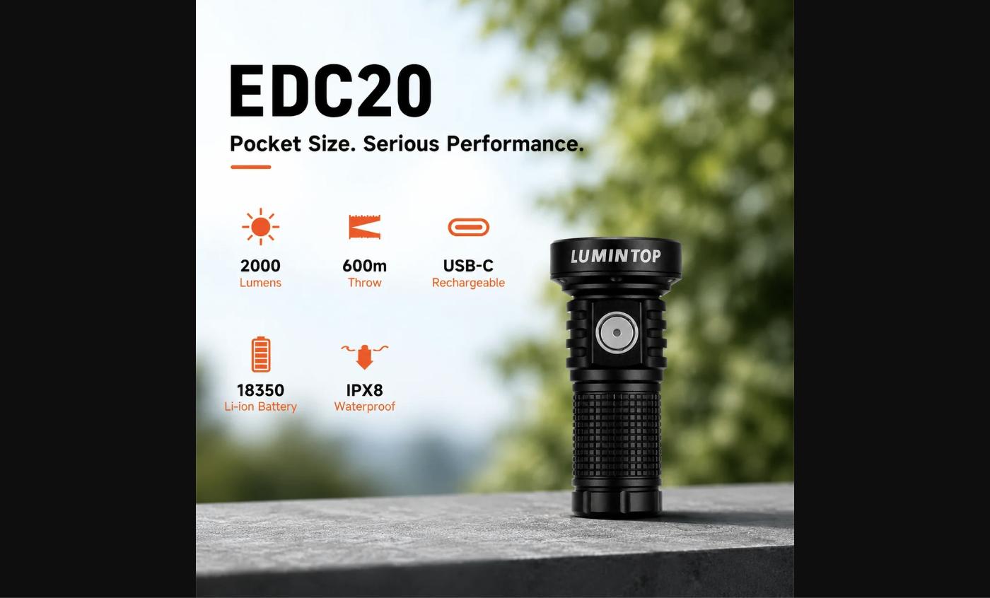 The EDC20 on a surface, showing its compact form with the Lumintop logo and side switch — 2000 lumens, 600m throw, 18350 battery, and USB-C charging in 81mm.