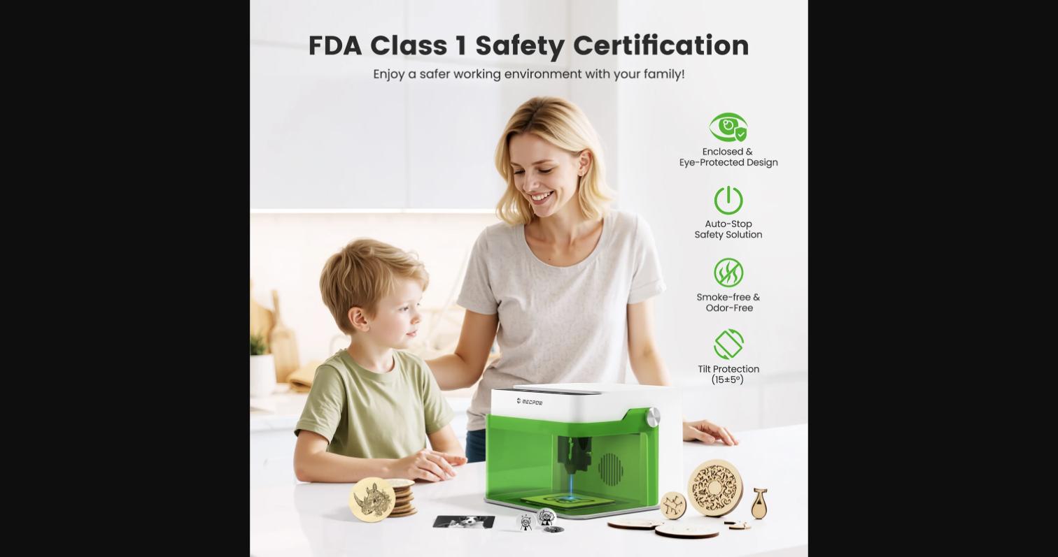 The Mecpow M1 laser engraver with its FDA Class I safety certification highlighted — the fully enclosed white and green design allows safe operation near family members, addressing the core safety concern of open-frame laser engravers.