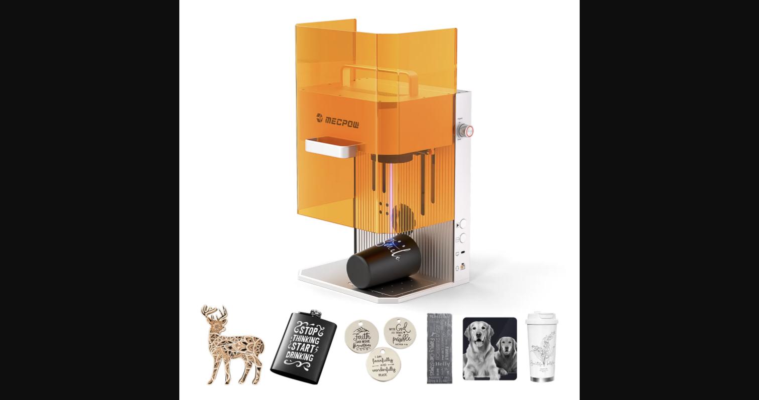 The Mecpow X1 dual laser engraver shown with sample outputs across multiple materials — engraved wood deer, black flask, circular wood tags, slate tile, acrylic card, and tumbler — demonstrating the range of the 2W infrared and 10W diode laser combination.
