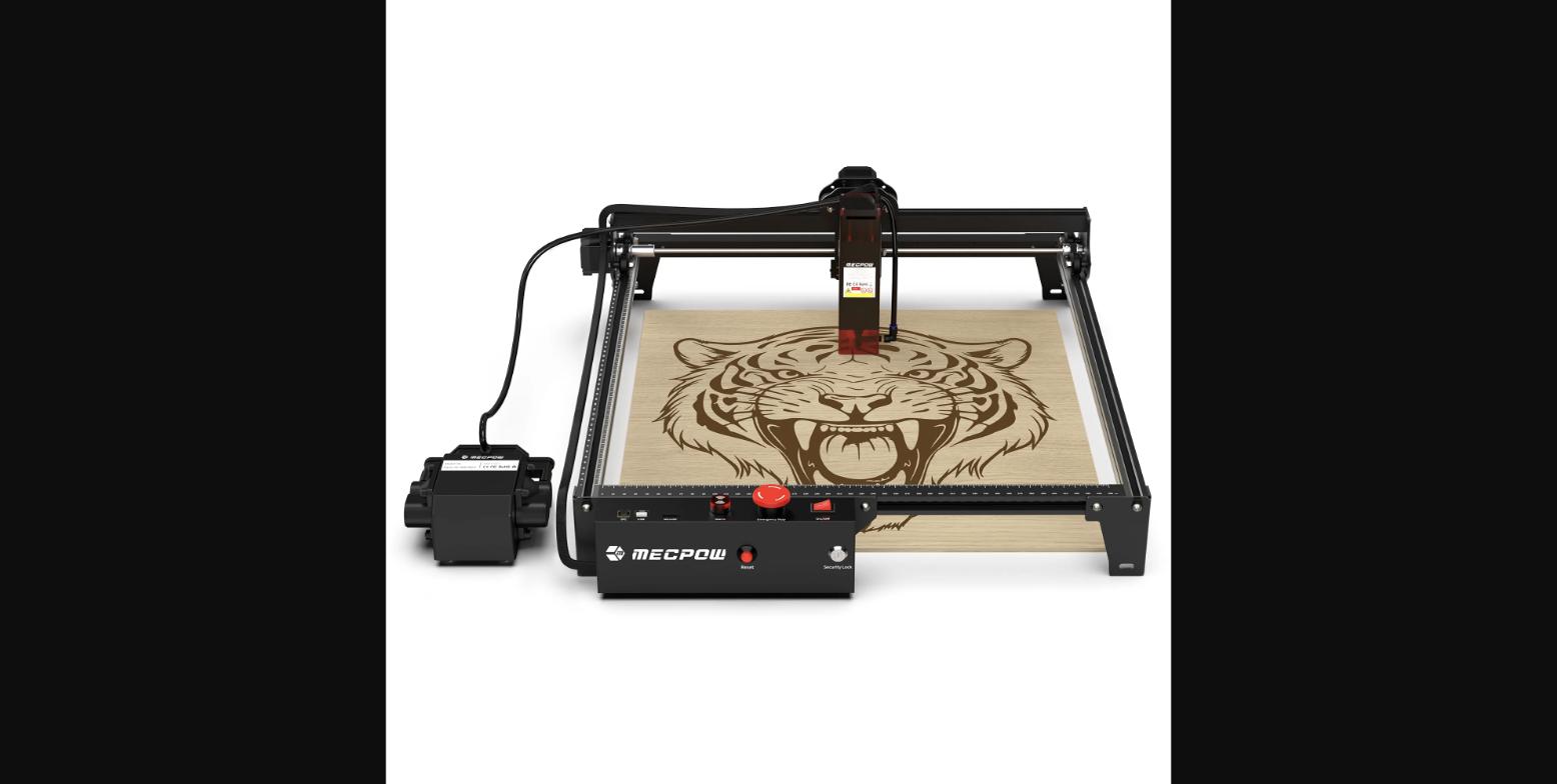 Mecpow X3 Pro engraving a detailed tiger design on wood — the 0.01mm accuracy and 0.06×0.08mm focus spot produce clean lines on complex artwork across the full 410×400mm surface.