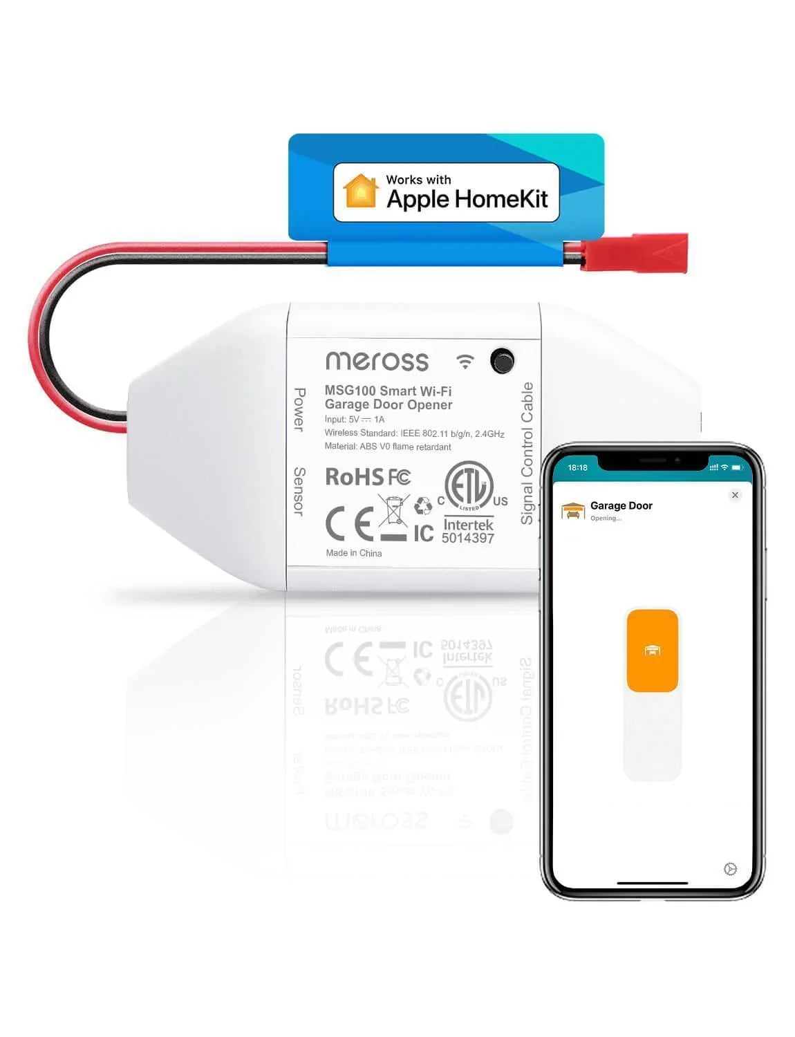 The MSG100 controller itself, showing the wired power/sensor/signal connections, the HomeKit badge, and the in-app control screen