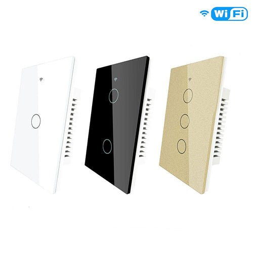 The 1-gang switch shown next to its retail packaging, showing the glass touch panel and the box it actually ships in