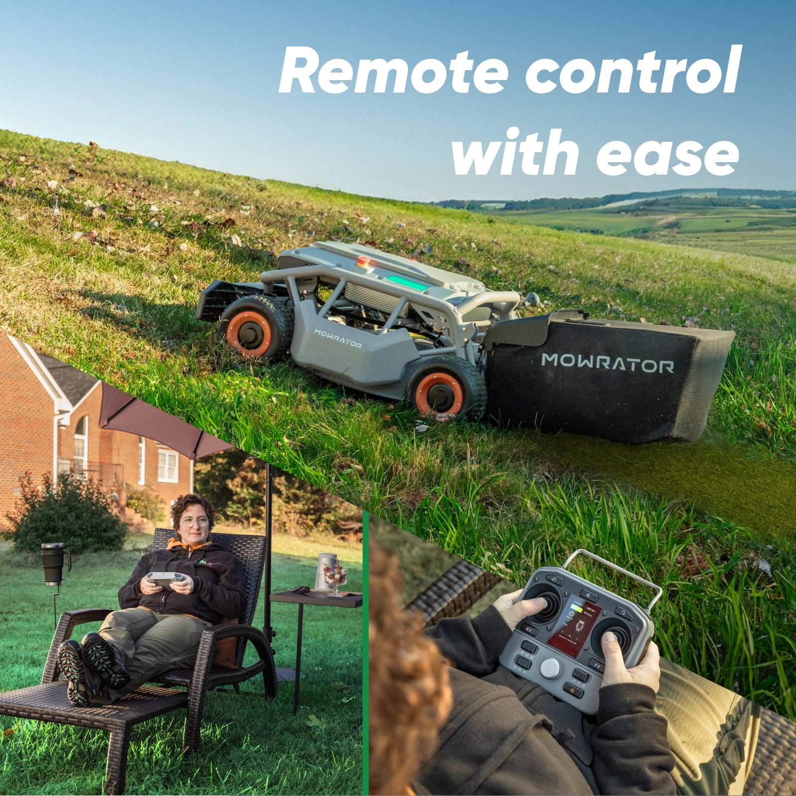 A real customer photo of the S1 mowing an actual steep hillside, plus someone operating it by remote from a lawn chair