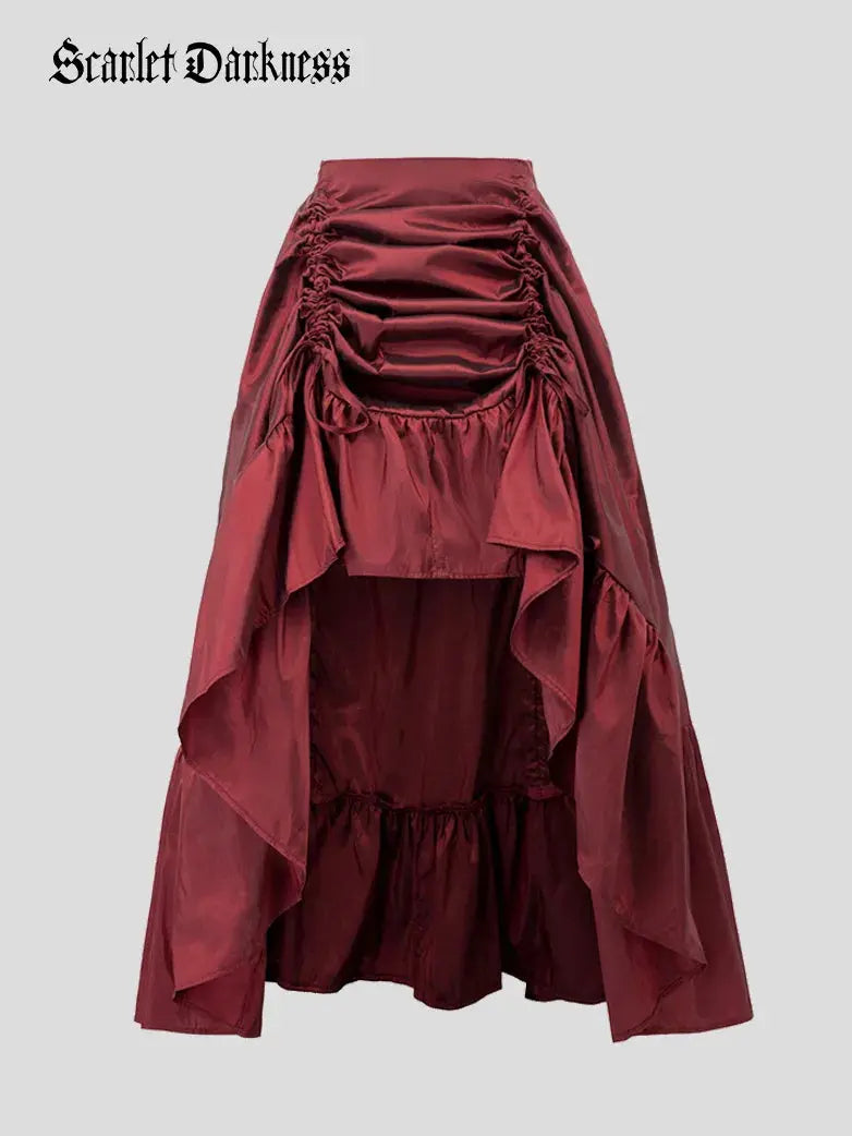 The flat product shot in Wine, showing the ruched drawstring panel and high-low hem before it's styled on a body