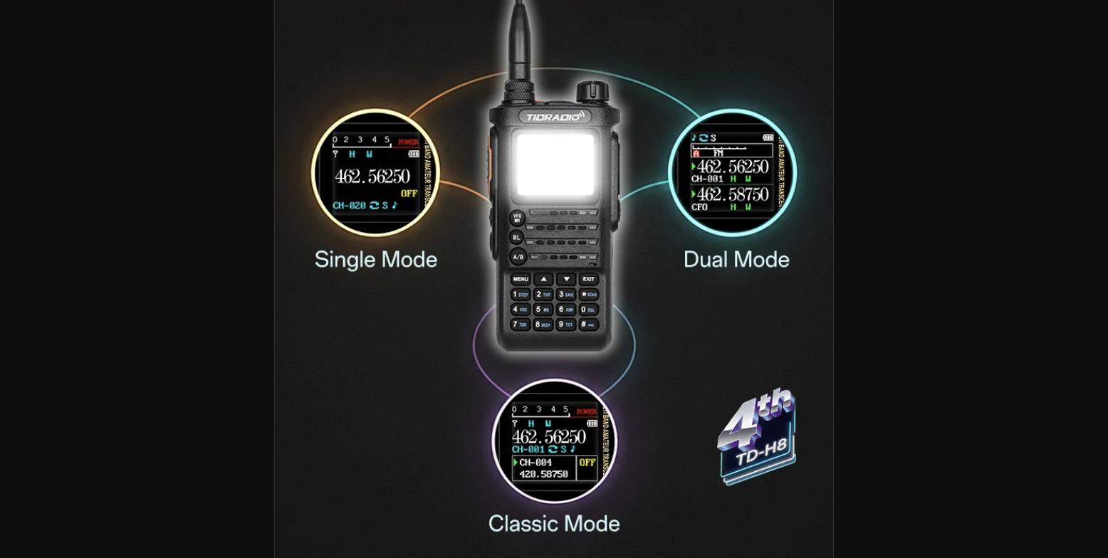 TIDRADIO TD-H8 Gen 4 display modes — Single, Dual, and Classic screen layouts shown on the 1.77" color display, all switchable from the menu.