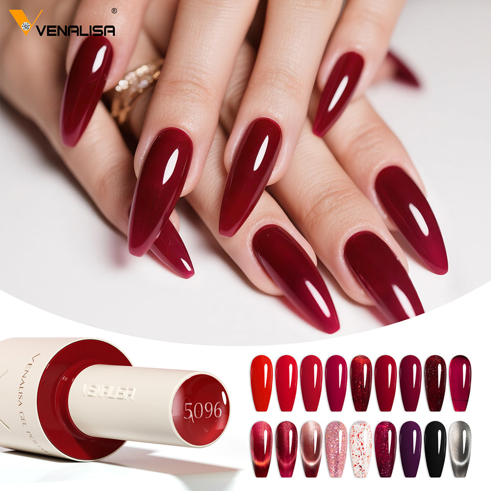 V6's 'Tipsy Rosé' shade family (Ruby Red to Burgundy Shimmer) applied and cured on a set of nails, shown alongside the bottle