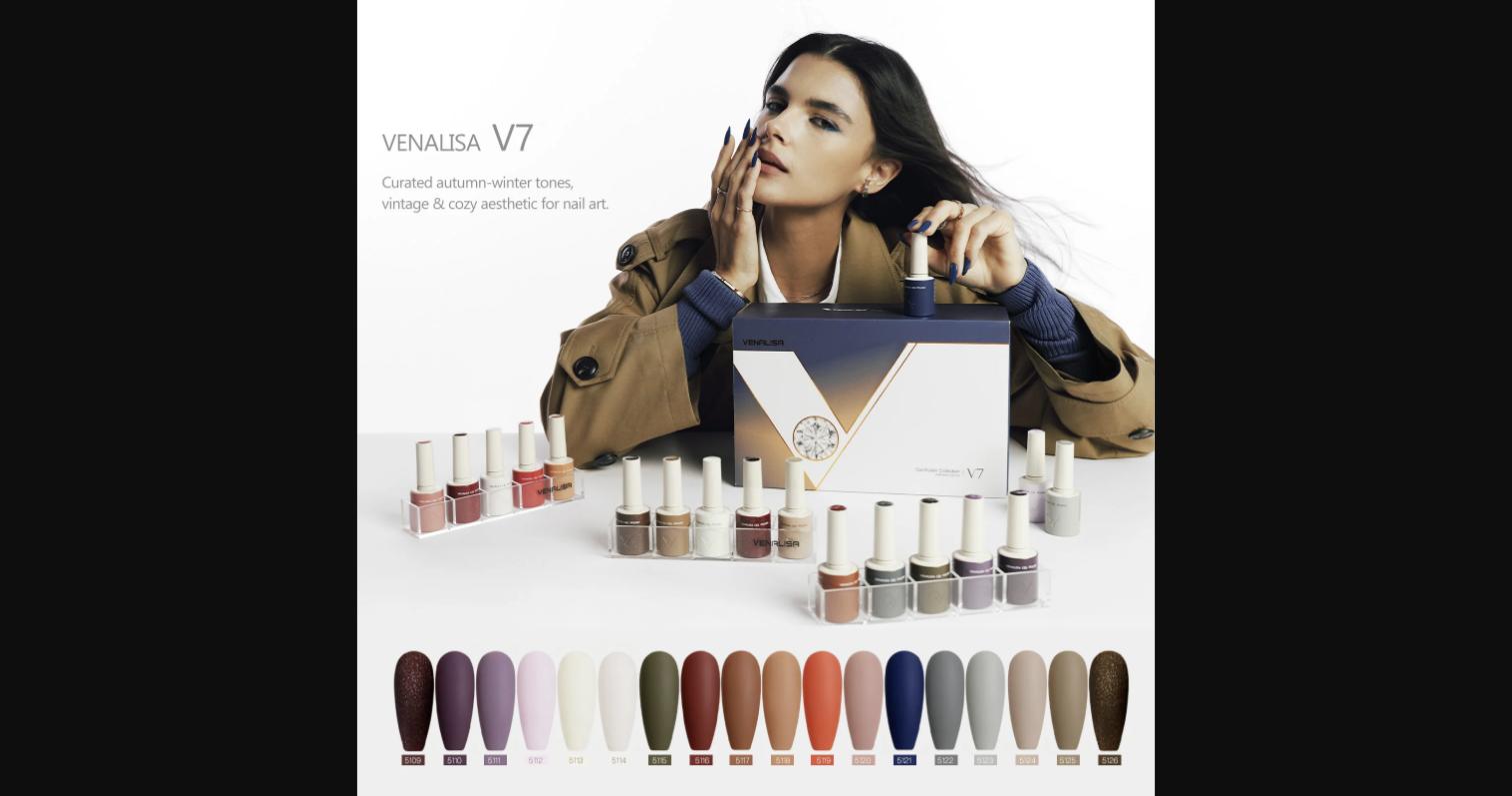 All 18 Vintage Cocoa shades from the V7 set, displayed with the included color card.